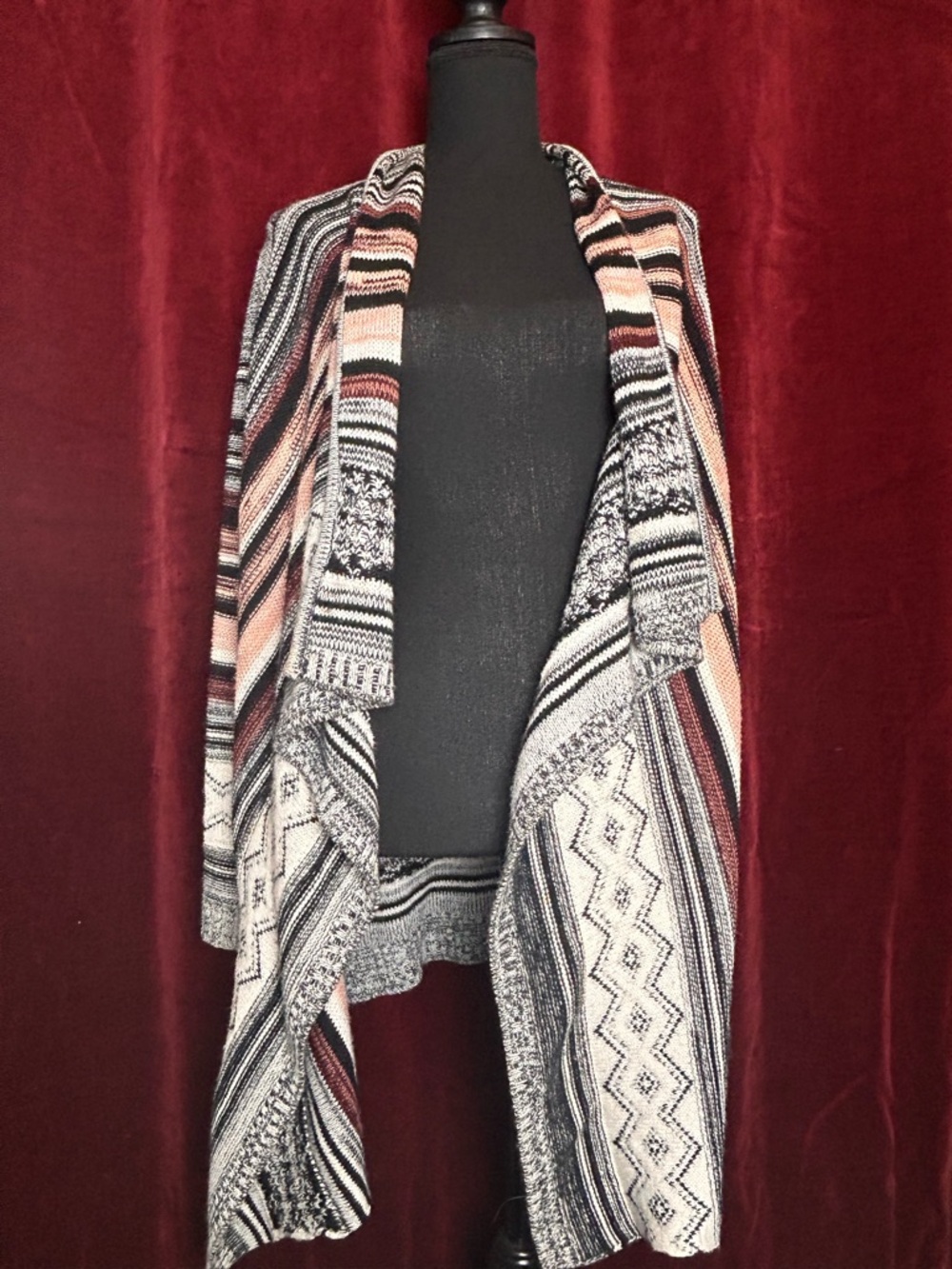 Almost Famous Black, White & Blush Striped Draped Cardigan